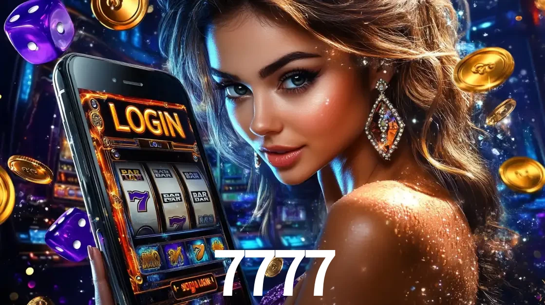 Mulher glamorosa segurando um smartphone com a tela de login para os jogos de caça-níqueis do cassino online 7777, com moedas de ouro e dados ao redor.